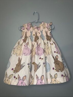 Pink Chicken Cream Smocked Dress with Pastel Bunny Print